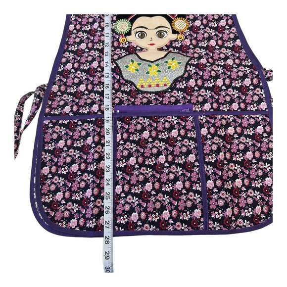 MEXICAN BRAND Apron O/S Purple Floral Frida Kahlo Embroidery Design Front Pocket - Picture 4 of 7